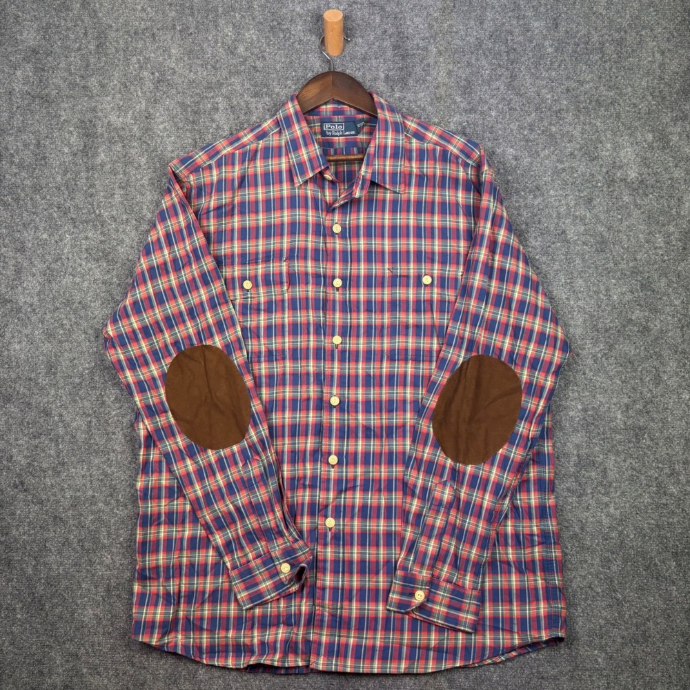 Polo Ralph Lauren Shirt Mens XL Red Blue Plaid Elbow Patch Cotton Button Up 0520